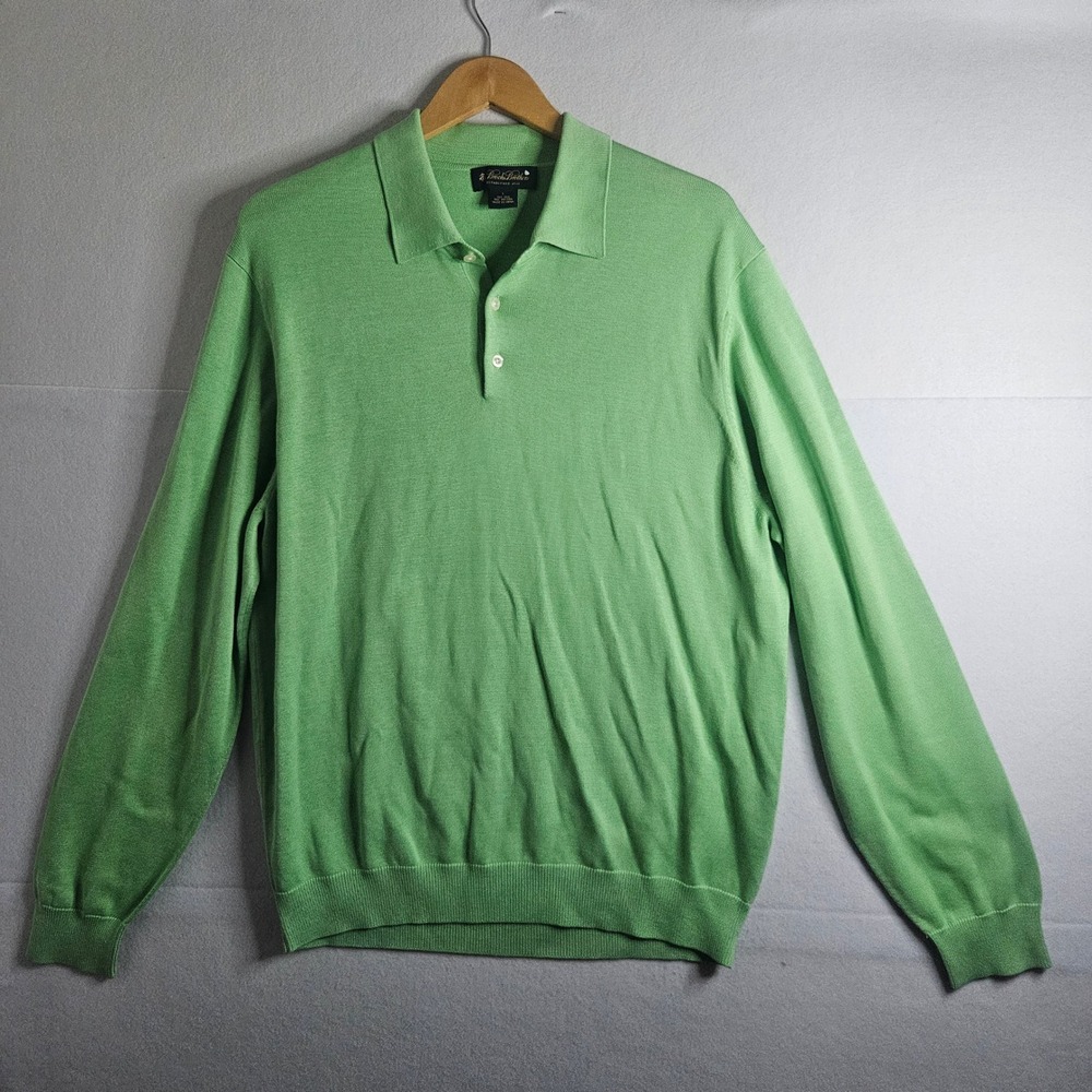 Brooks Brothers Silk Cotton Polo Sweater Mens Large Green Long Sleeve Knit L